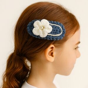 Hand Crafted Hand Knit Crochet Snap Hair Clip Blue with White Flower Handmade